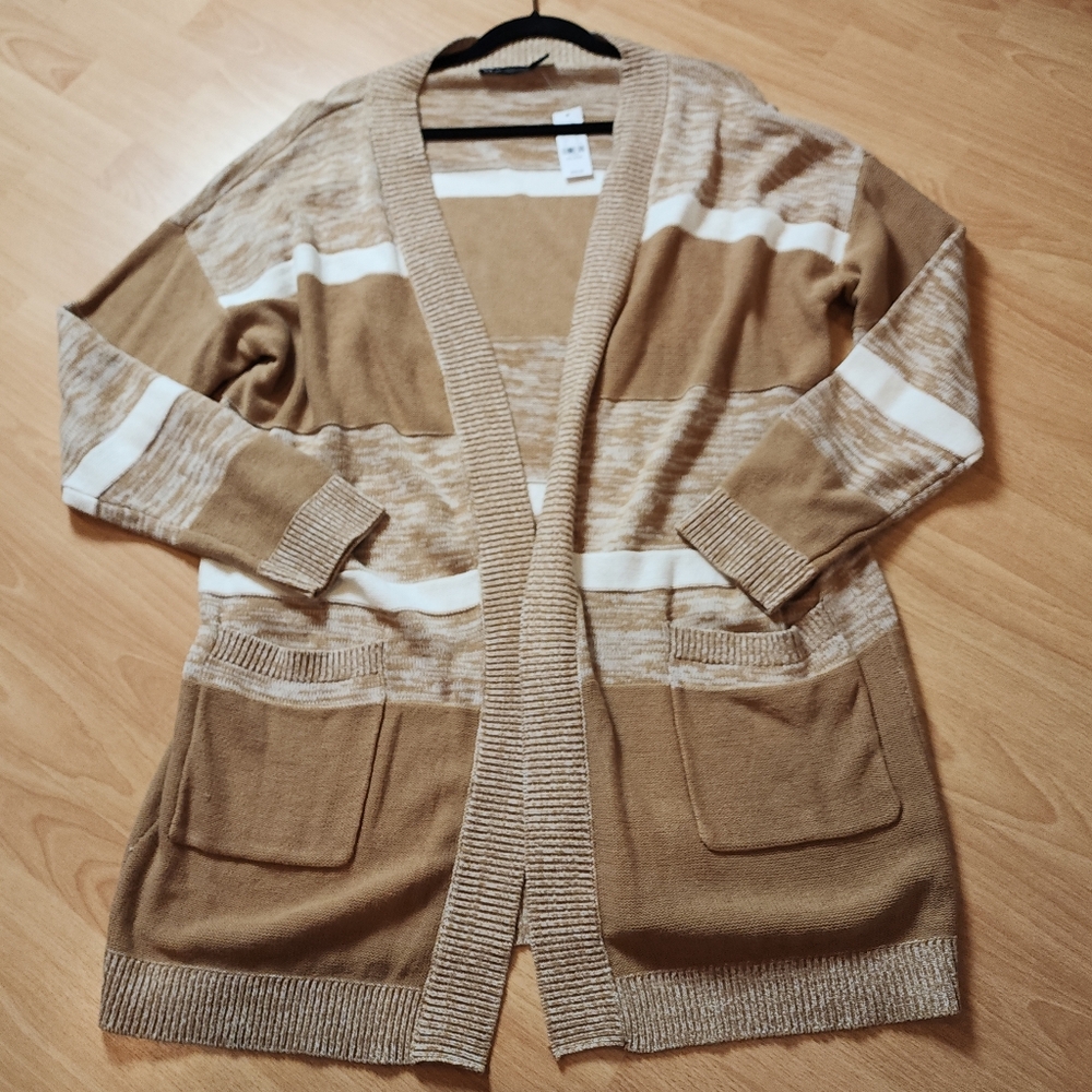 NWT NY&C Cotton Blend Tan White Stripe Open Front Knit Long Line Cardigan XXL